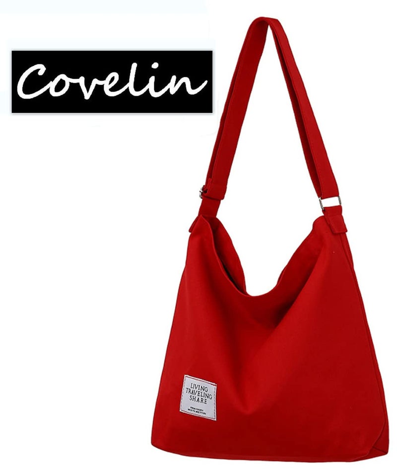 Covelin Women's Retro Large Size Canvas Shoulder Bag Hobo Crossbody Handbag Casual Tote Red - Image 5